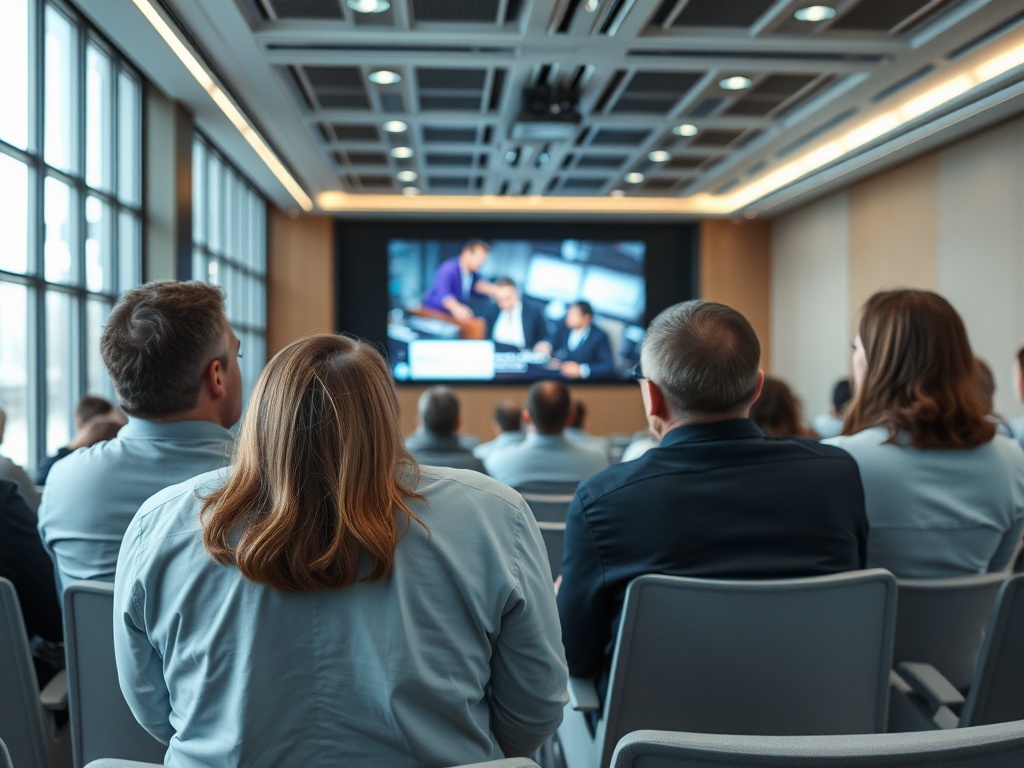 Аудитория слушает презентацию на большом экране в современном конференц-зале.