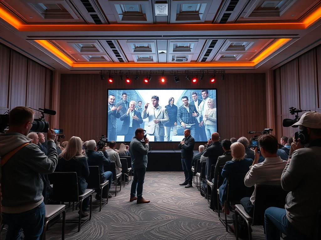 На мероприятии в зале люди слушают выступление, на экране изображены несколько человек.