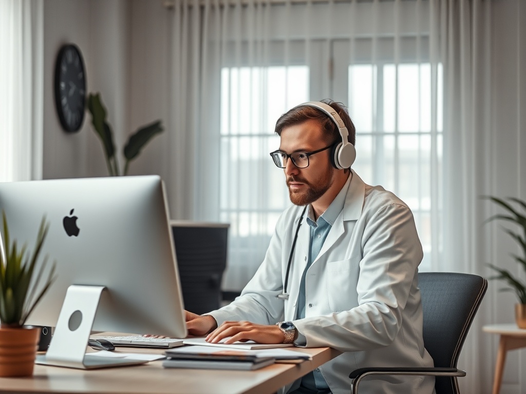 Мужчина в белом халате работает за компьютером с наушниками в современном офисе.