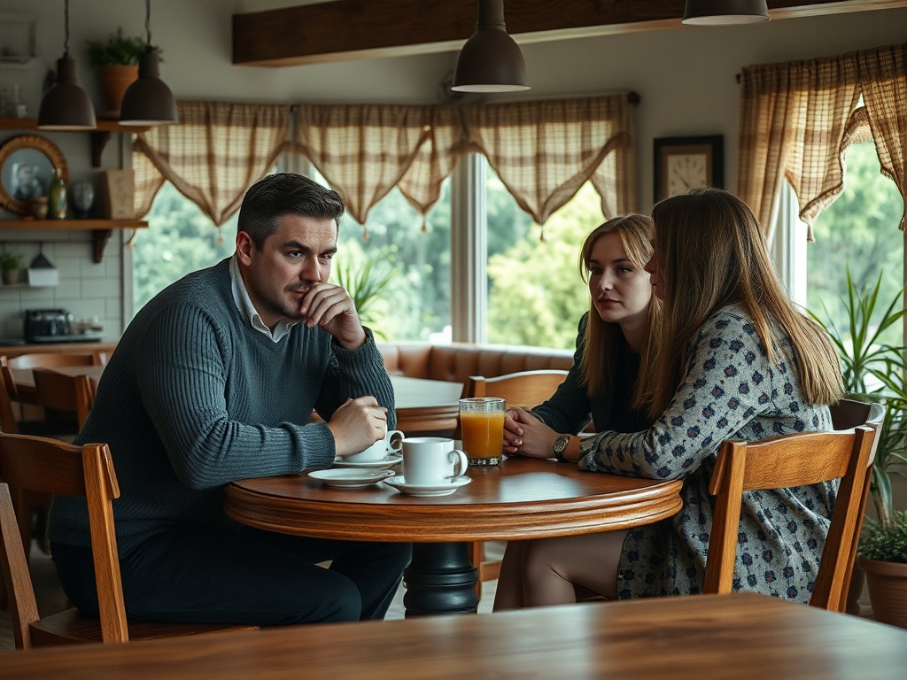 Трое людей сидят за столом в кафе, обсуждая что-то важное, с чашками и напитками перед ними.