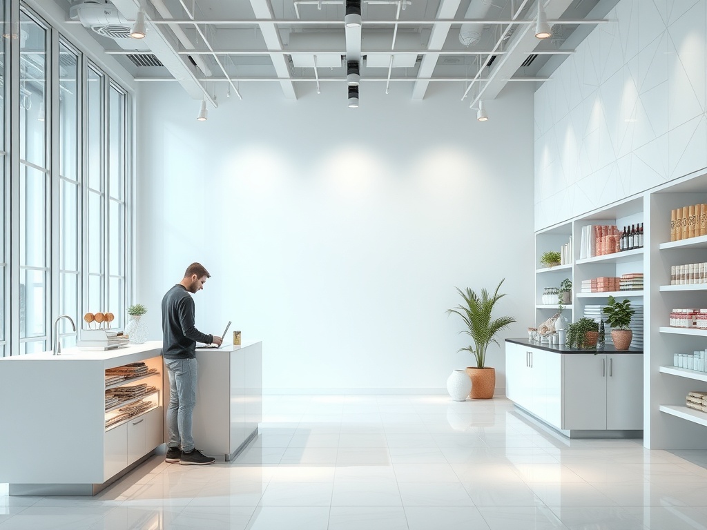 Современный офис с рабочим местом, белыми стенами и полками с зелеными растениями и товарами. Мужчина работает на ноутбуке.