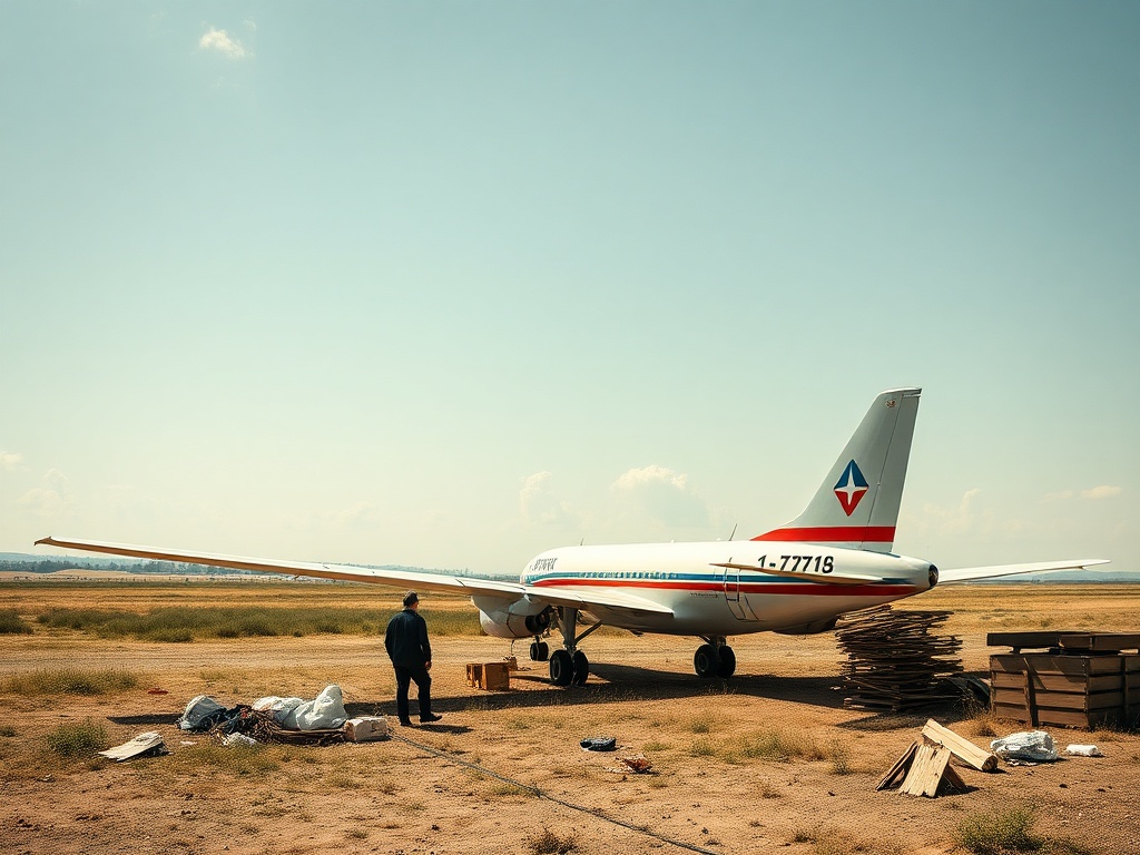 Человек стоит рядом с самолетом на пустыре, окруженном травой и строительными материалами.