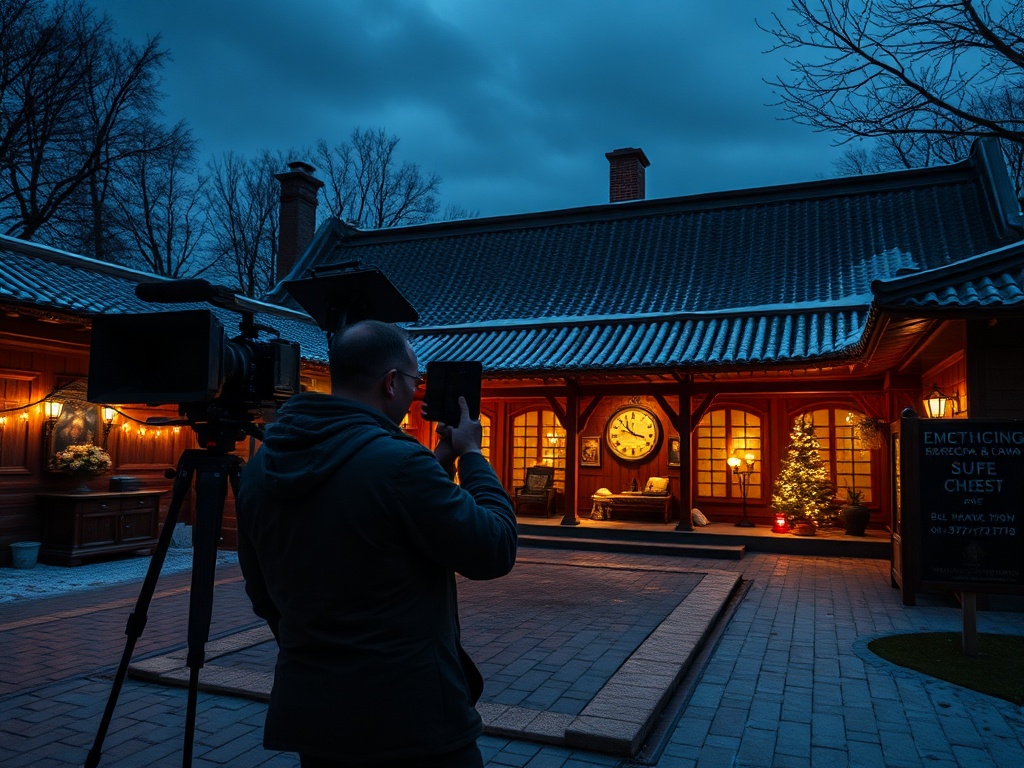 На изображении человек фотографирует уютный дом под вечерним небом, украшенный рождественской елкой.