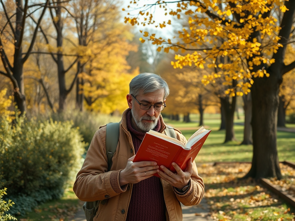 Пожилой мужчина читает книгу рядом с золотыми осенними листьями в парке.