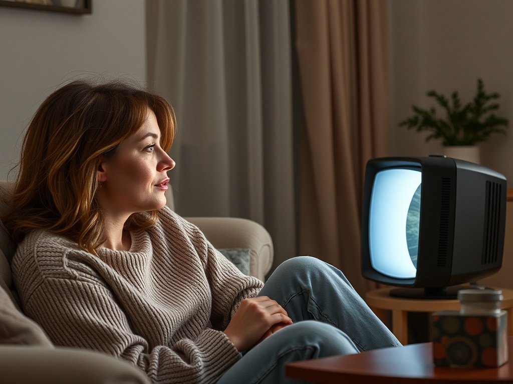 Женщина в свитере смотрит на старый телевизор в уютной обстановке домашнего интерьера.