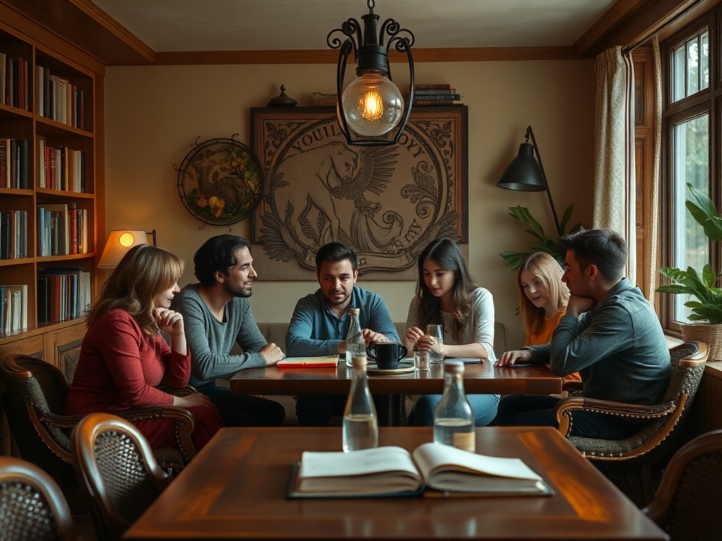 Группа людей за столом в уютной комнате, обсуждающих что-то важное. Книги и растения в интерьере.