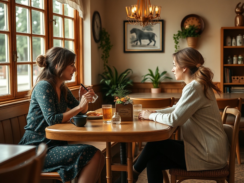 Две женщины беседуют за столом в уютном кафе с окнами и зелёными растениями на столе.