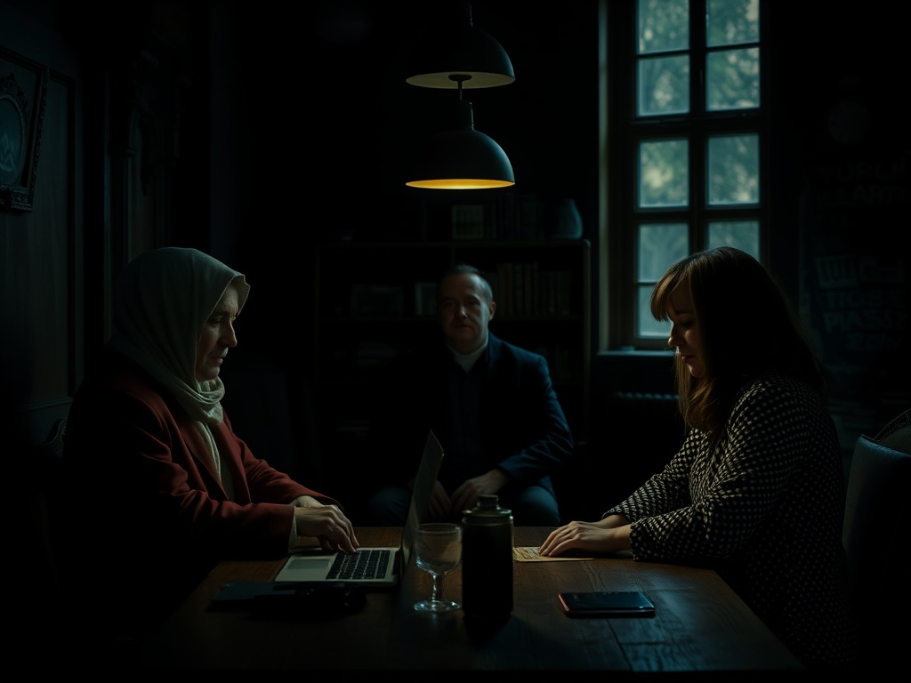 Две женщины сидят за столом с ноутбуком, мужчина наблюдает в затемнённой комнате. Атмосфера напряжённая.