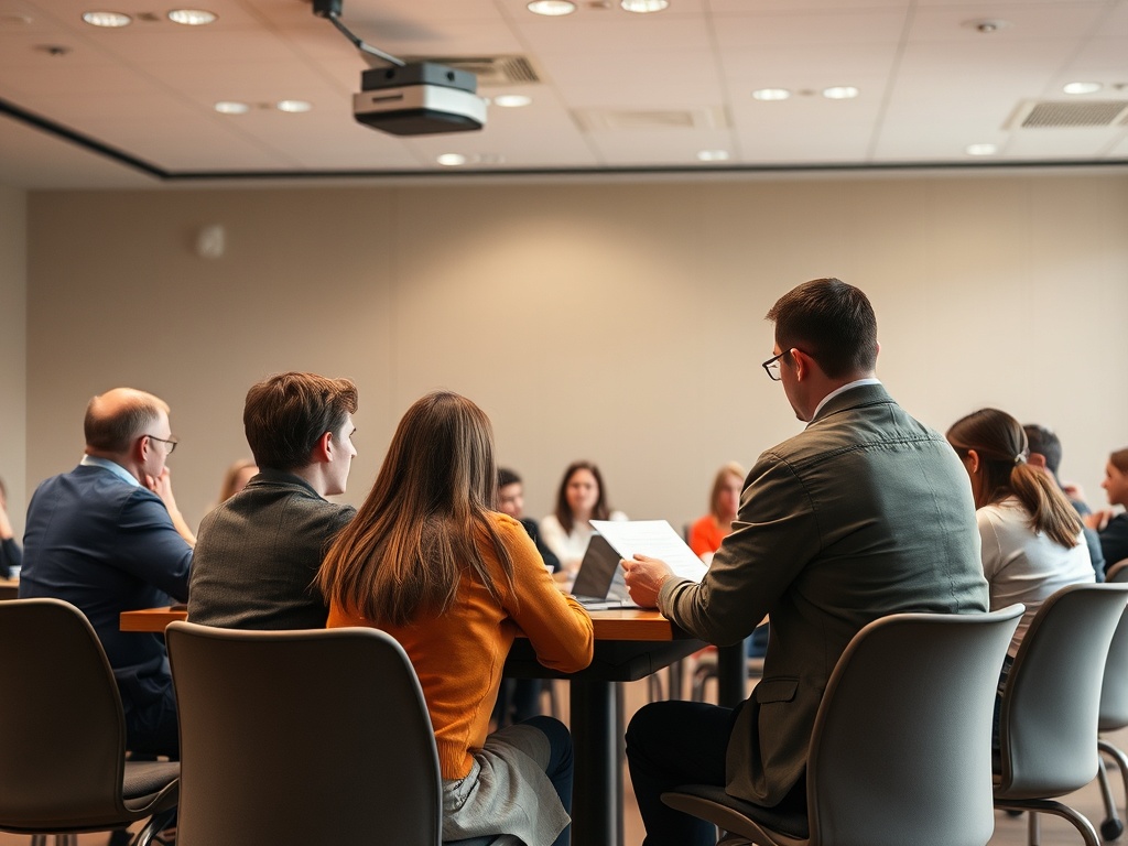 Группа людей на деловой встрече, сидящие за столом, обсуждают документы и идеи.