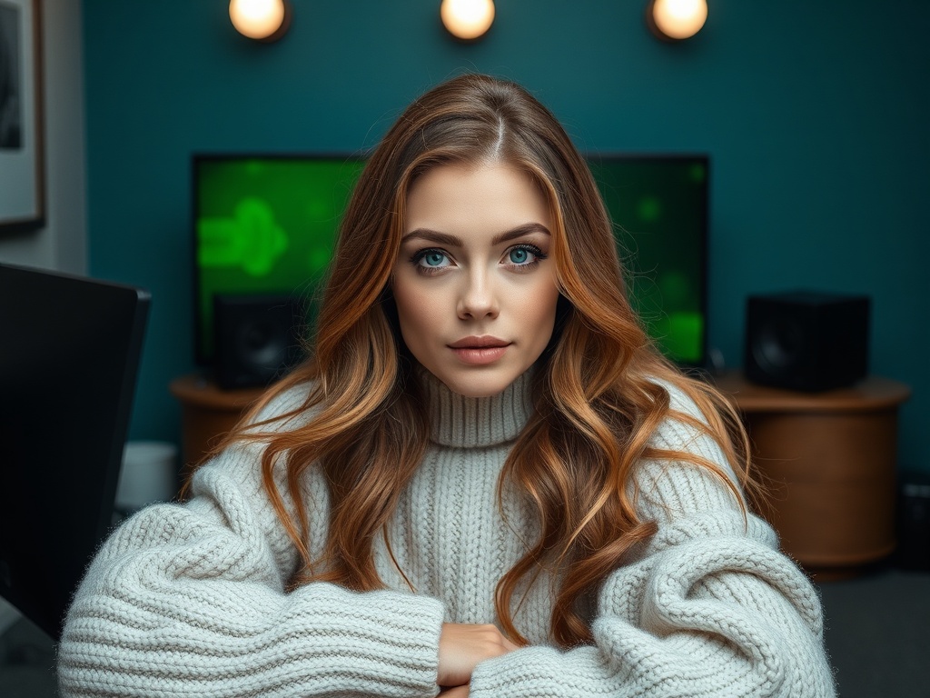 Молодая женщина с длинными светлыми волосами в уютном свитере сидит за столом, смотря прямо в камеру.