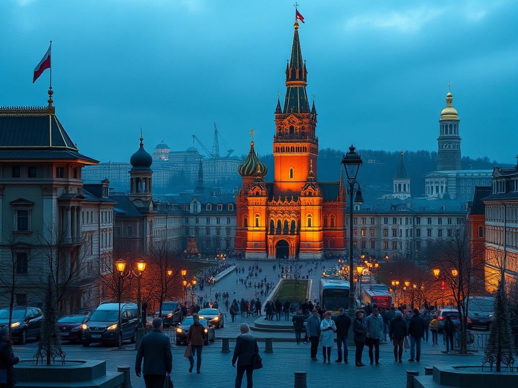 Городская площадь с людьми, окруженная историческими зданиями и ярким освещением в вечернем свете.