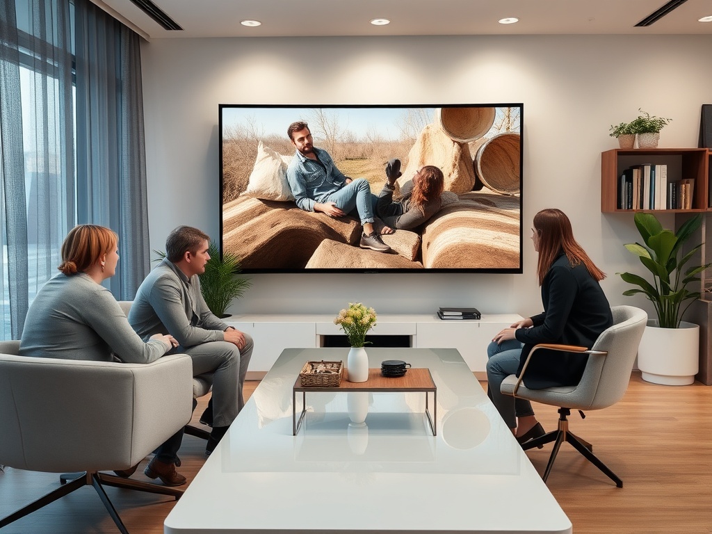 На изображении группа людей смотрит телевизор в современном интерьере офиса.