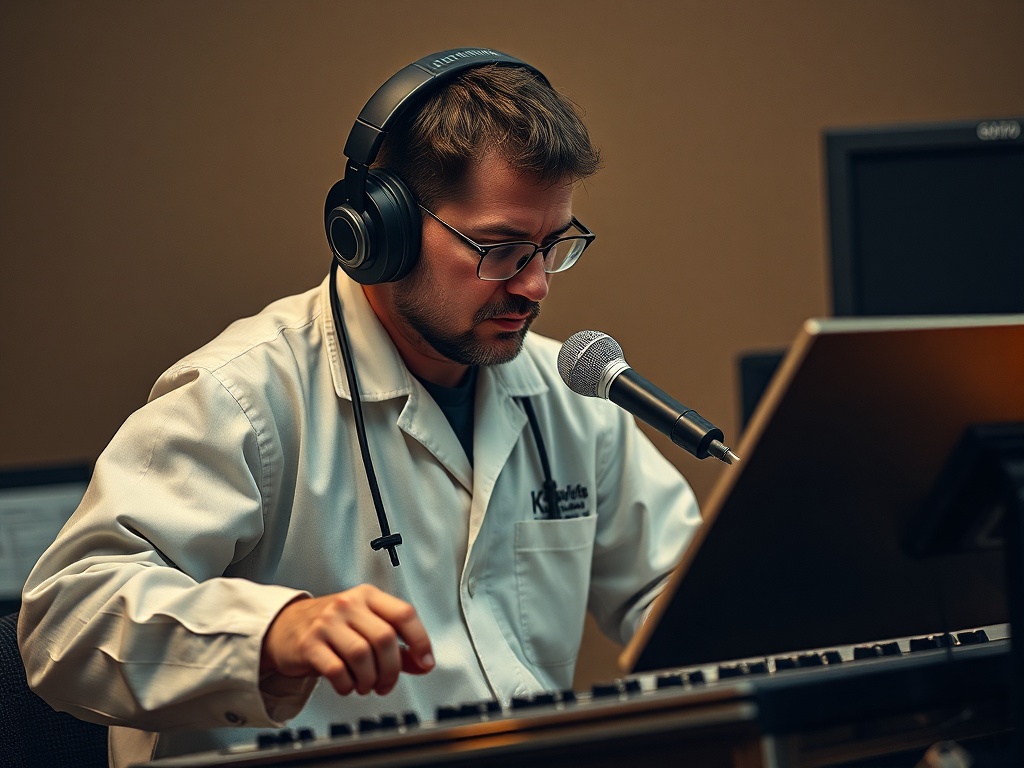 Человек в наушниках работает за компьютером, разговаривая в микрофон. Творческая атмосфера студии.