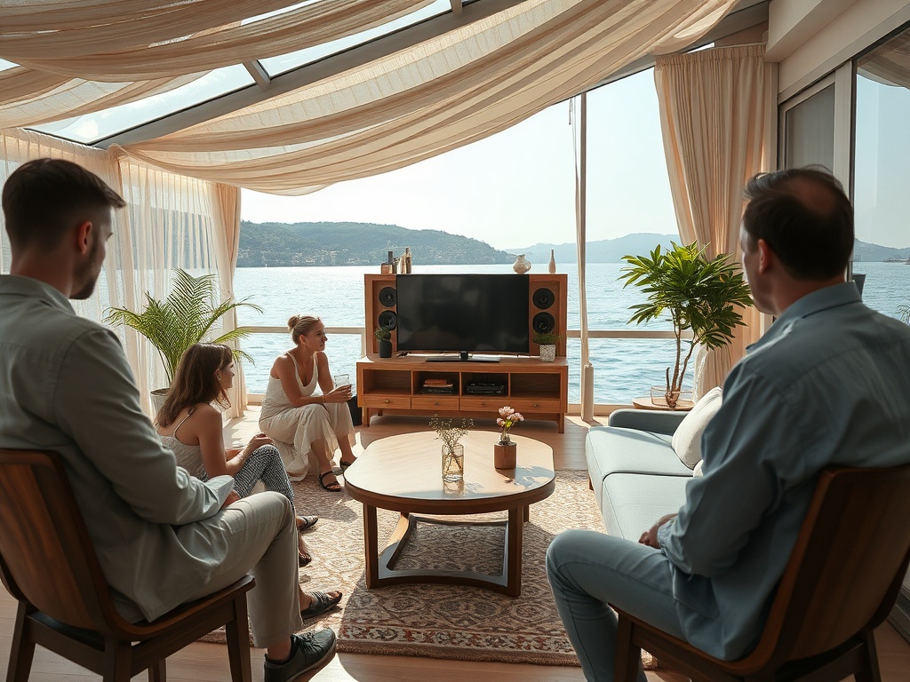 В уютном помещении у моря сидят четверо человек. Окружают растения и современная мебель.