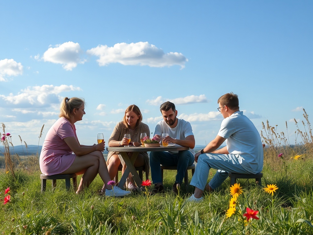 Четыре человека наслаждаются отдыхом на природе за столом, окружённые цветами и прекрасным небом.