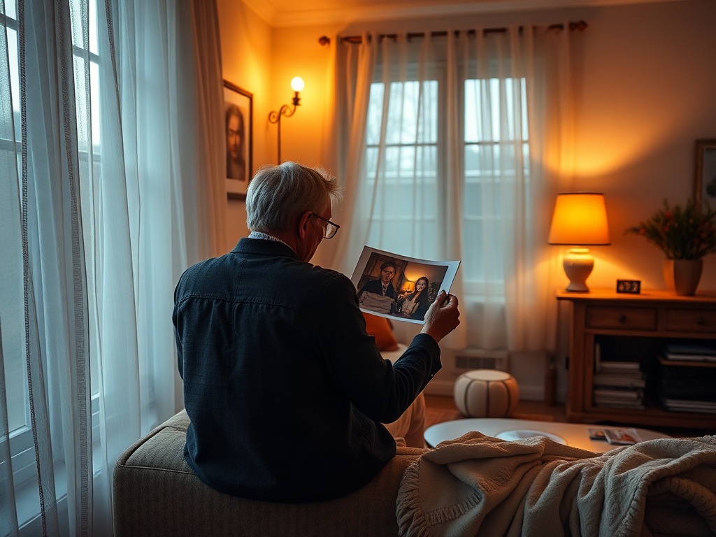 Пожилой человек сидит на диване и рассматривает фотографию на фоне уютной комнаты с мягким светом.