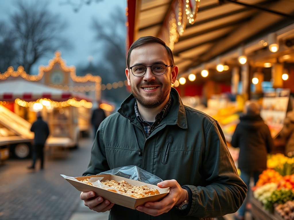 На вечернем рынке мужчина с улыбкой держит тарелку с угощениями на фоне ярких огней.