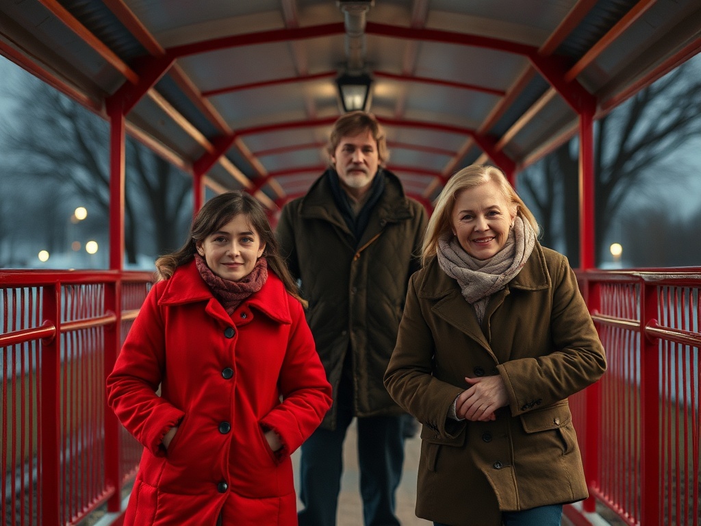 На мосту стоят трое людей в теплой одежде, улыбаются, вокруг вечерняя атмосфера с мягким освещением.