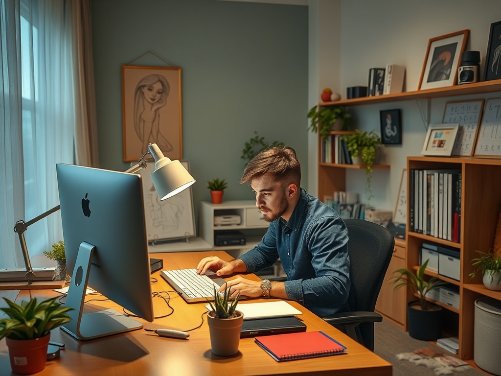 Молодой человек работает за столом в уютном офисе, окружённом растениями и книгами.