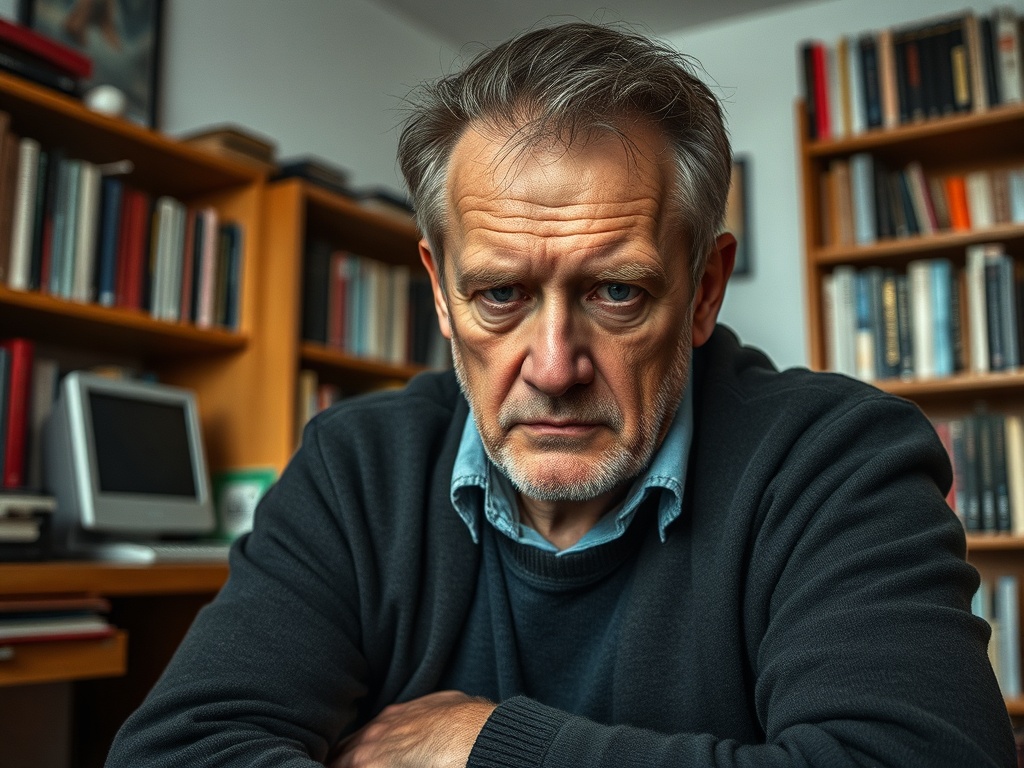 Пожилой мужчина в свитере смотрит серьёзно, рядом стеллажи с книгами и компьютерный экран.