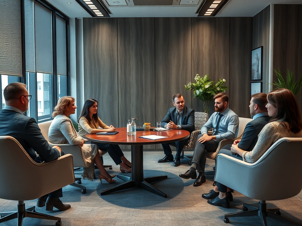 Группа сотрудников на деловой встрече в современном офисе, обсуждающих важные вопросы за круглым столом.