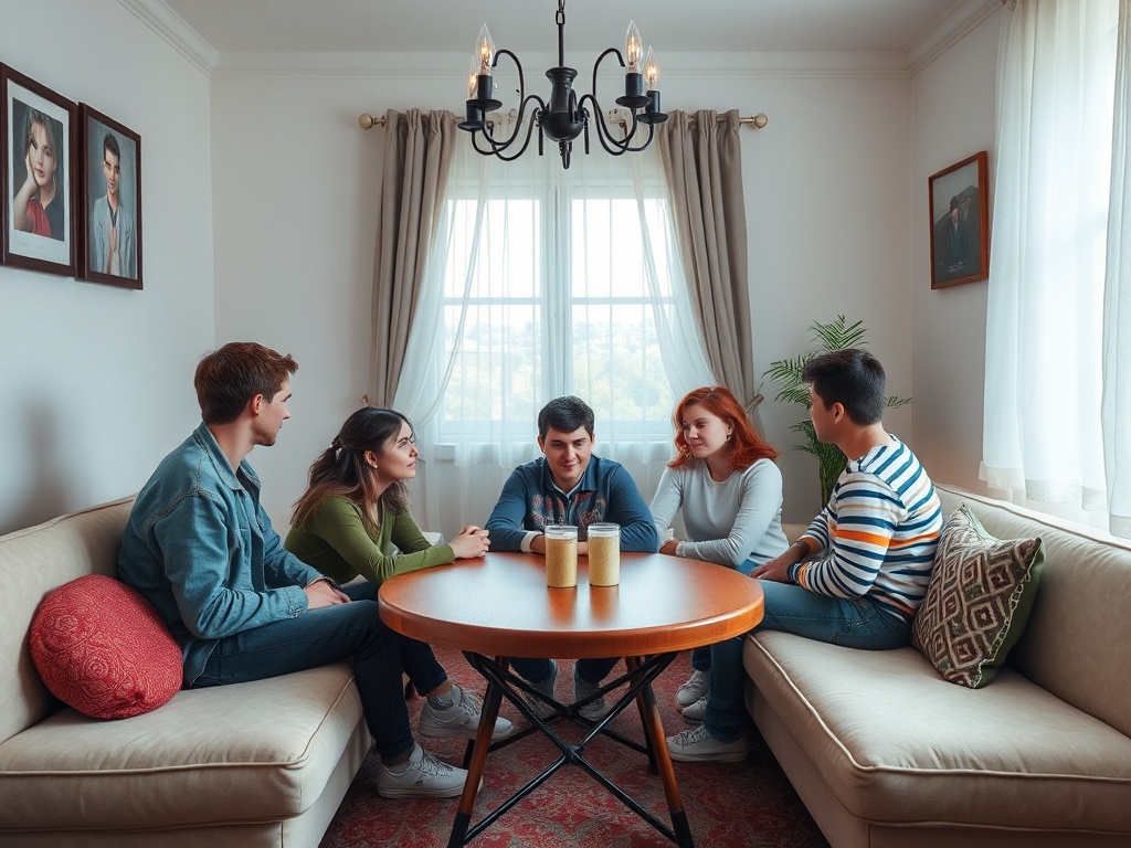 Группа из пяти молодых людей сидит за круглым столом в уютной комнате, обсуждая что-то важное.