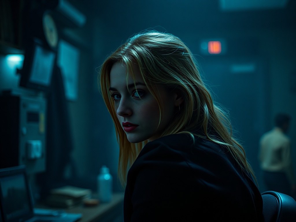 Девушка с длинными светлыми волосами смотрит через плечо в тусклом помещении с синеватым освещением.