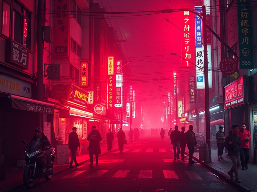 Улица с неоновыми вывесками в красном тумане, люди идут по тротуару и мимо. Вечерняя атмосфера города.