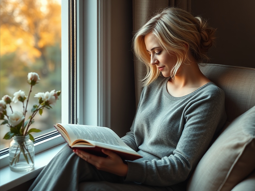 Девушка читает книгу у окна, рядом с вазой с белыми цветами. За окном видно золотое осеннее утро.
