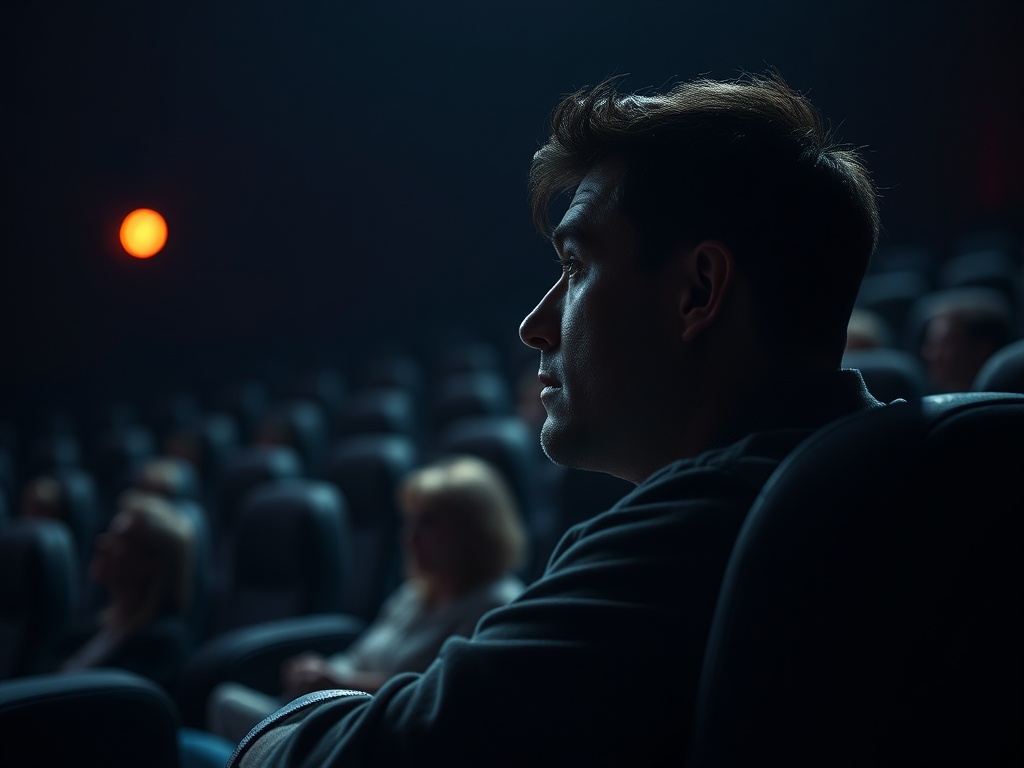 Мужчина сидит в зале кинотеатра, внимательно смотрит на экран в полутьме.