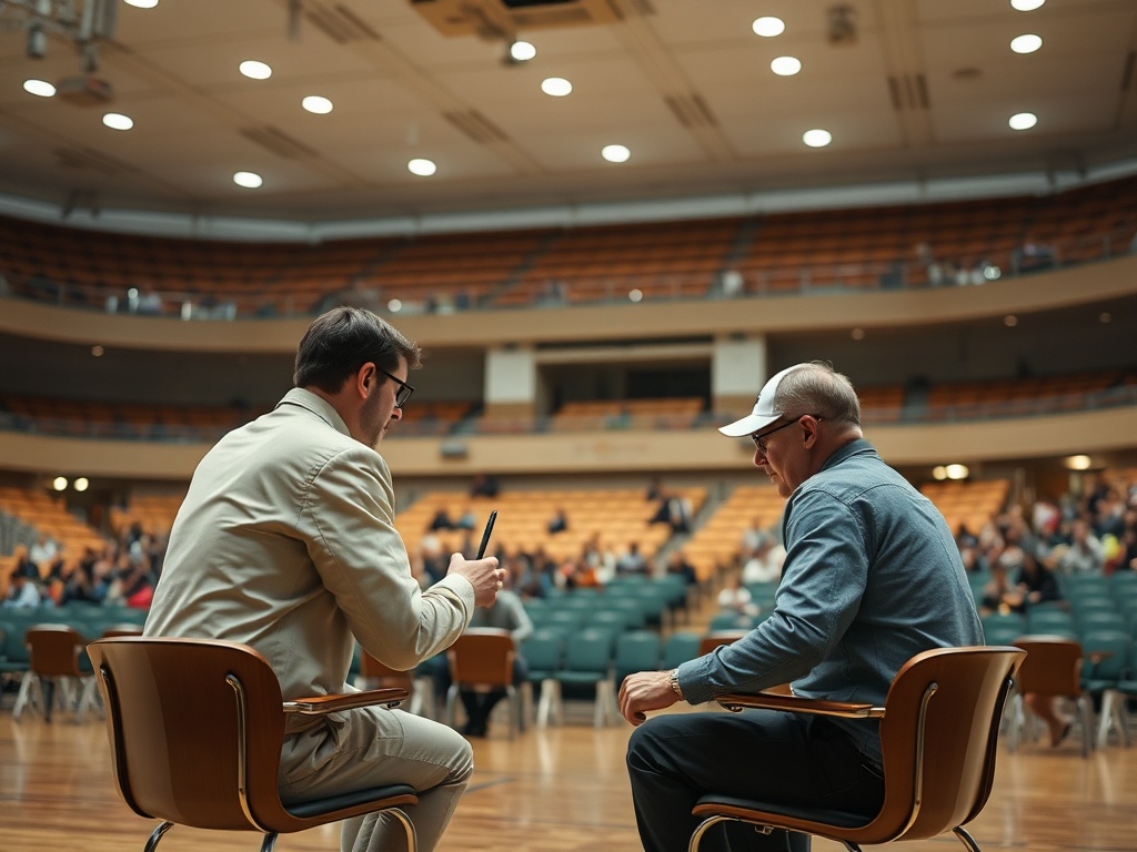 Два человека сидят на сцене, беседуя, в зале с пустыми местами для зрителей.