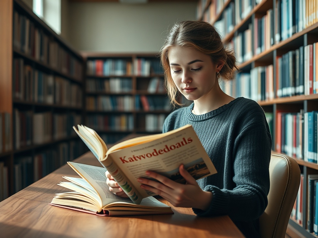 Девушка читает книгу в библиотеке, окруженная полками с книгами. Сосредоточенное выражение лица.
