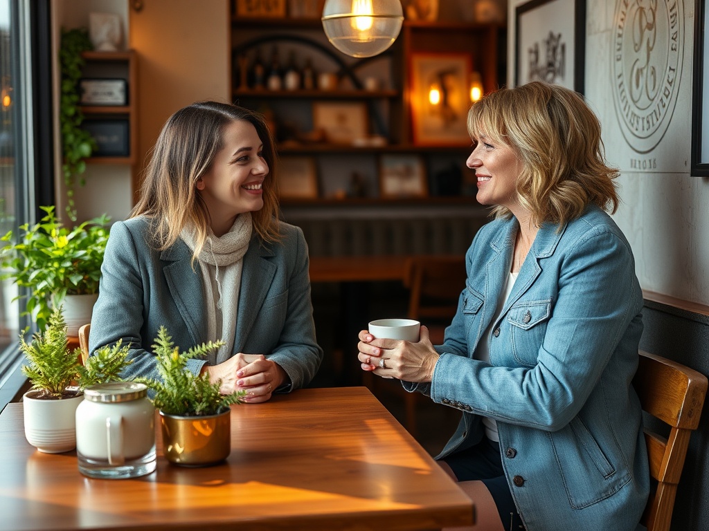 Две женщины улыбаются и общаются за столом в кафе, с растениями и чашками на столе.