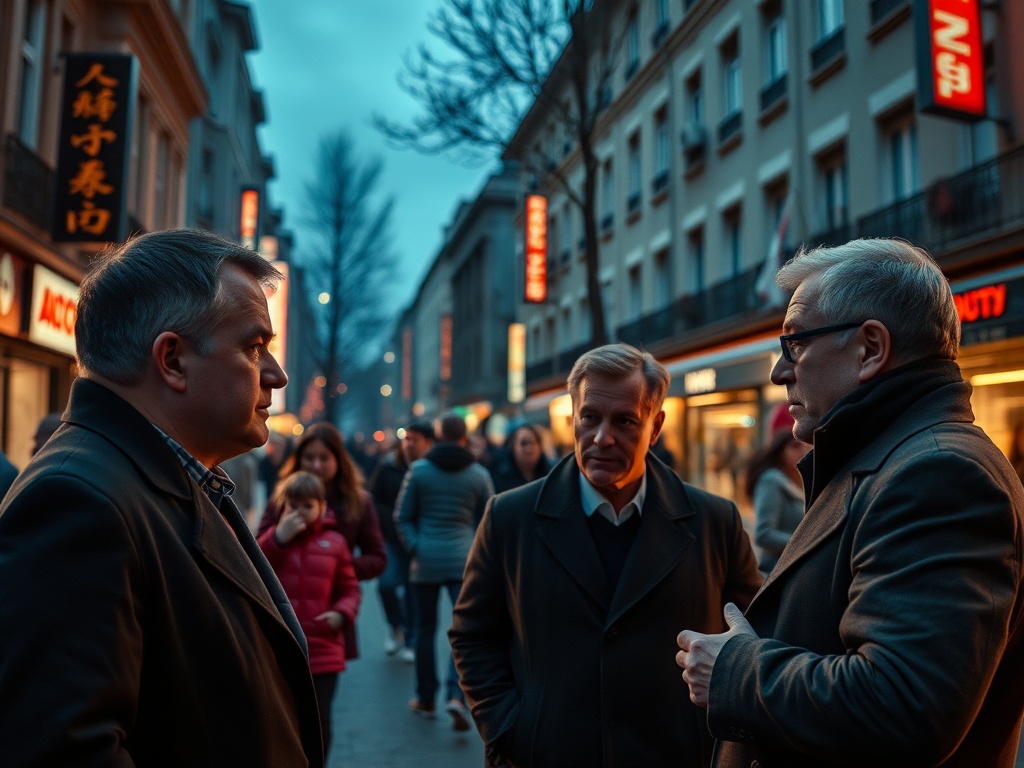 Трое мужчин разговаривают на улице, вокруг них люди и яркие вывески магазинов. Вечерний городской пейзаж.