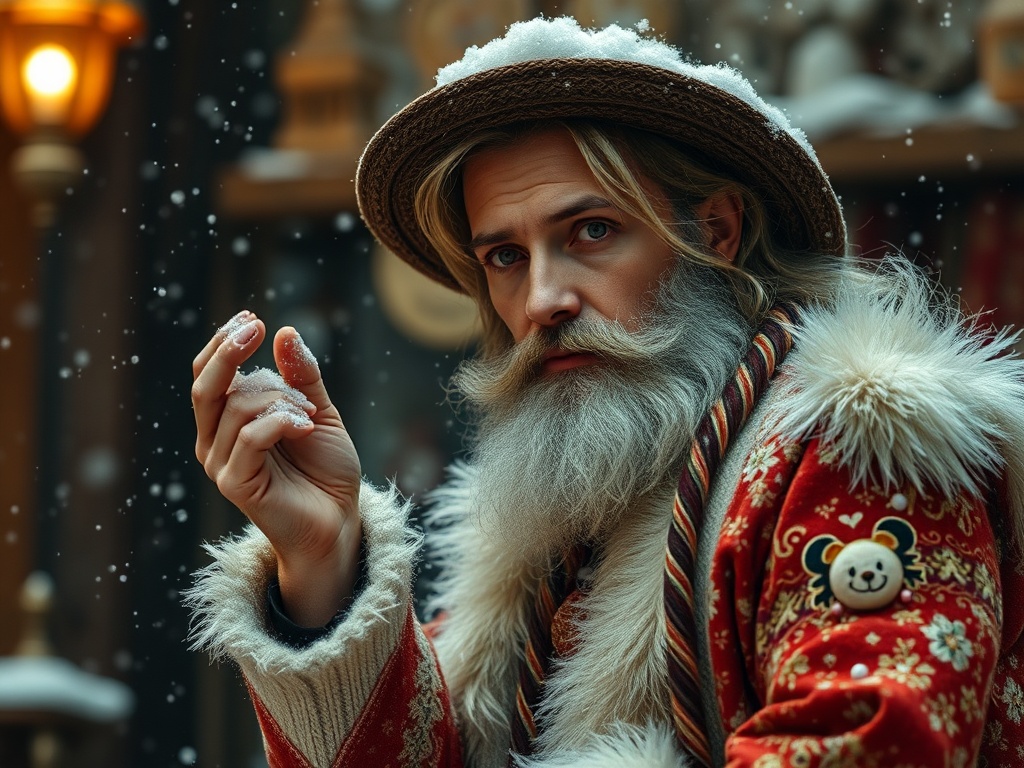 На изображении мужчина с длинной бородой в зимней одежде, держит снег и смотрит прямо в камеру.