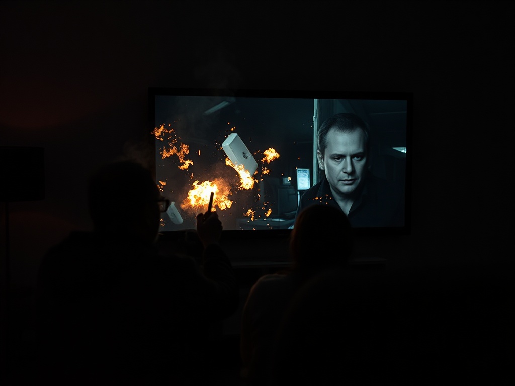 На экране телевизора сцена с горячей борьбой, зрители внимательно смотрят на развивающееся действие.