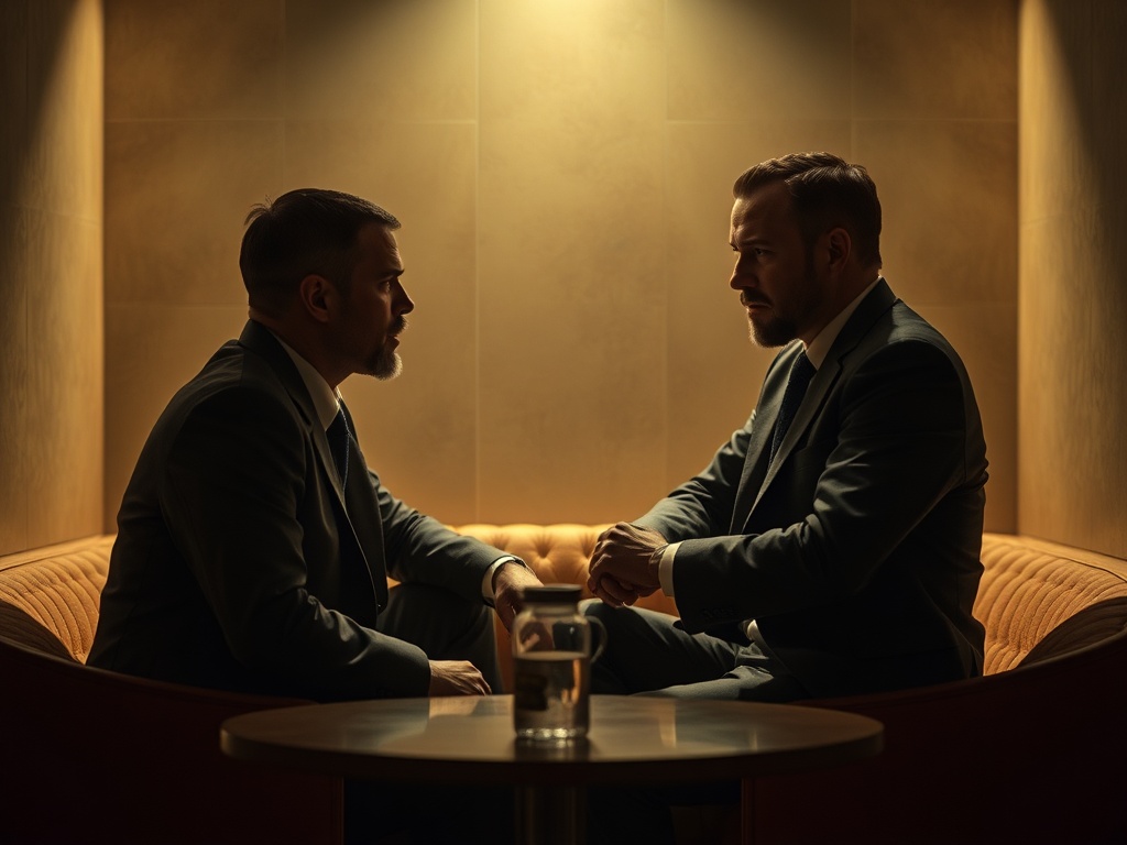 Два человека в деловых костюмах сидят на диване, напряженно обсуждая что-то важное. Свет из-за них создает тени.