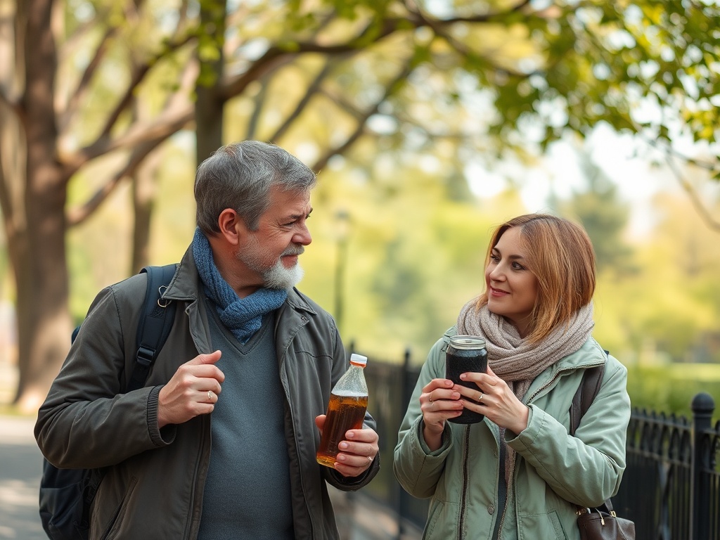 На прогулке в парке мужчина и женщина с напитками общаются друг с другом, наслаждаясь теплой атмосферой.