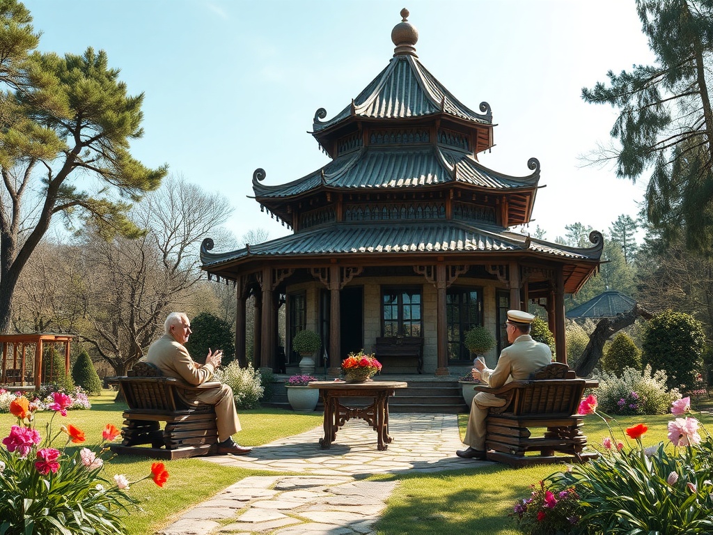 Два человека в костюмах сидят в саду перед красивым павильоном, окружённым цветами и деревьями.