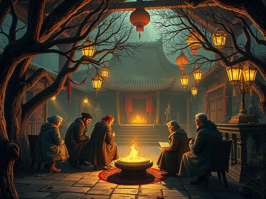 Группа людей в тёплой одежде сидит вокруг костра в историческом китайском интерьере, окружённая огнями.