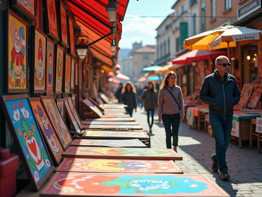 Уличный рынок с продажей картины и людьми, гуляющими вдоль лавок.