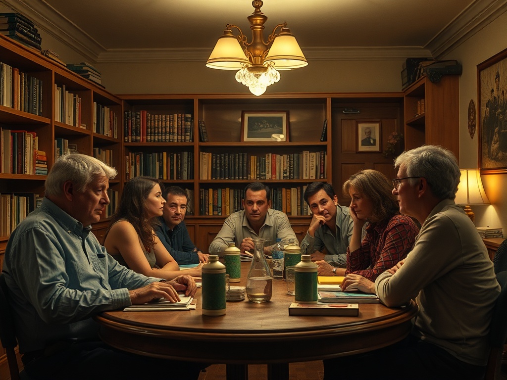 Группа людей за столом в библиотеке, обсуждающих что-то важное. На полках книги и уютный свет.