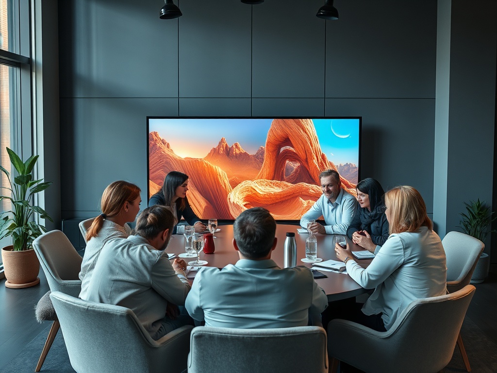 Группа людей обсуждает проект в современном конференц-зале с экраном на фоне пустынного пейзажа.