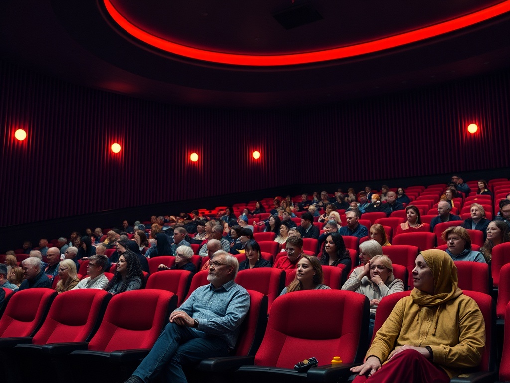 Зал кинотеатра с заполненной аудиторией. Красные кресла и мягкое освещение создают уютную атмосферу.