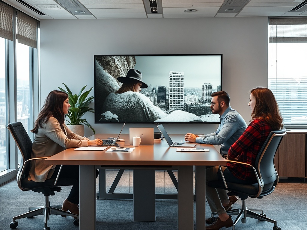 На встрече в офисе три человека обсуждают проект, экран демонстрирует городской пейзаж.