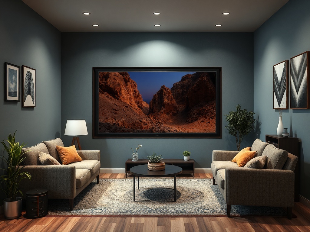 Стильная комната с диванами, столом и картиной с пейзажем гор на стене. Тёплый, уютный интерьер.